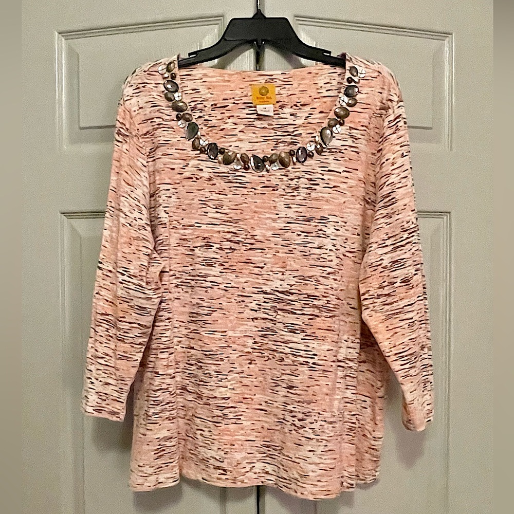 Ruby Rd. Pink Patterned Jeweled and Beaded Scoop Neck Top